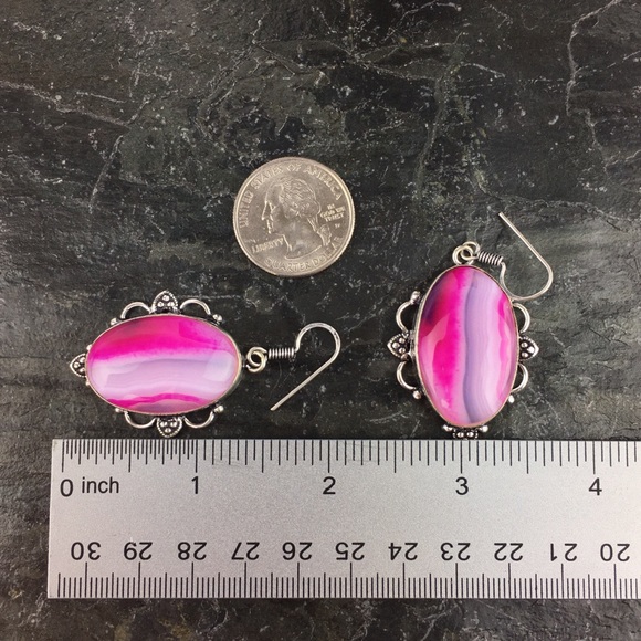 New Pink Botswana Agate Stone Hook Dangle Silver Earrings - Picture 7 of 7